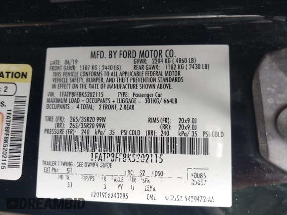 2019 Ford Mustang GT Premium with VIN 1FATP8FF8K5202115, listed as a IAAI auction lot 42085416 with 73,548 mi miles and . Bid and sale history available at DreamBid. Image 9.