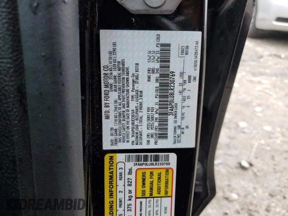 2020 Ford Fusion SE z VIN 3FA6P0LU8LR230769, wystawiony jako Copart lot #55214005 z przebiegiem 83 037 mil mil oraz Szkoda całkowita • Salvage title. Historia ofert i sprzedaży dostępna na DreamBid. Obrazek 12.