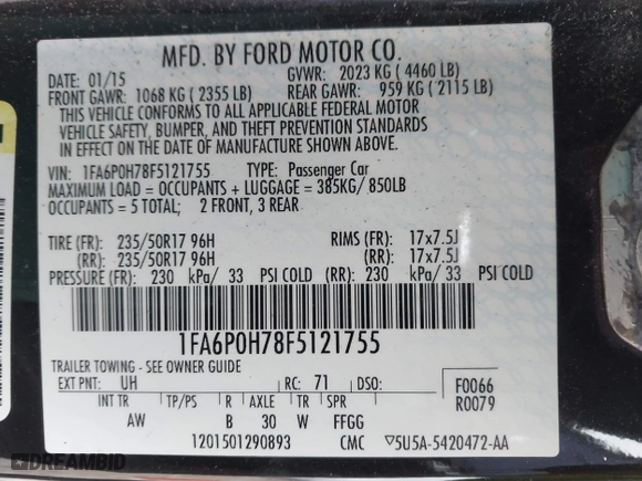 2015 Ford Fusion SE with VIN 1FA6P0H78F5121755, listed as a IAAI auction lot 41557675 with 128,511 mi miles. Bid and sale history available at carsss.com. Image 9.