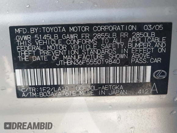 2005 Lexus LS 430 z VIN JTHBN36F555019840, wystawiony jako IAAI lot #41427719 z przebiegiem 131 267 mil mil oraz . Historia ofert i sprzedaży dostępna na DreamBid. Obrazek 9.