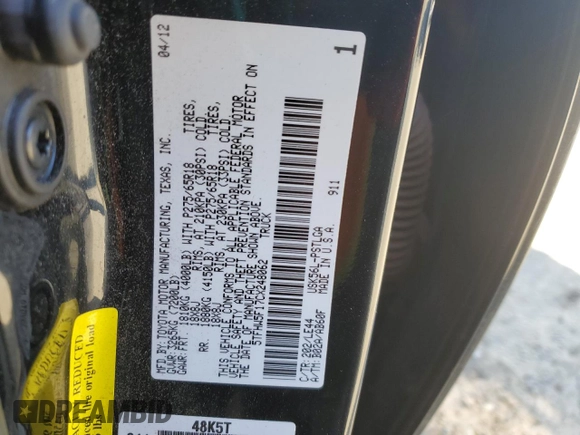 2012 Toyota Tundra 4WD Truck LTD with VIN 5TFHW5F17CX248062, listed as a Copart auction lot 89251875 with 113,654 mi miles and Salvage Title. Bid and sale history available at carsss.com. Image 12.