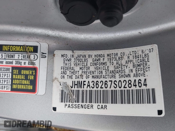 2007 Honda Civic with VIN JHMFA36267S028464, listed as a IAAI auction lot 42215413 with 121,682 mi miles and . Bid and sale history available at DreamBid. Image 9.