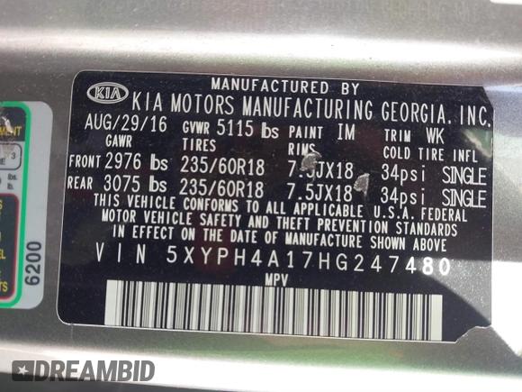 2017 Kia Sorento EX with VIN 5XYPH4A17HG247480, listed as a IAAI auction lot 41451143 with 124,423 mi miles and . Bid and sale history available at DreamBid. Image 9.