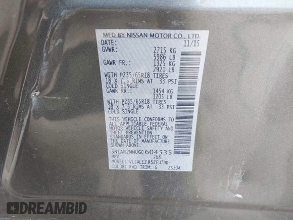 2016 Nissan Pathfinder Platinum with VIN 5N1AR2MN0GC604535, listed as a IAAI auction lot 42128203 with 119,722 mi miles and . Bid and sale history available at DreamBid. Image 9.