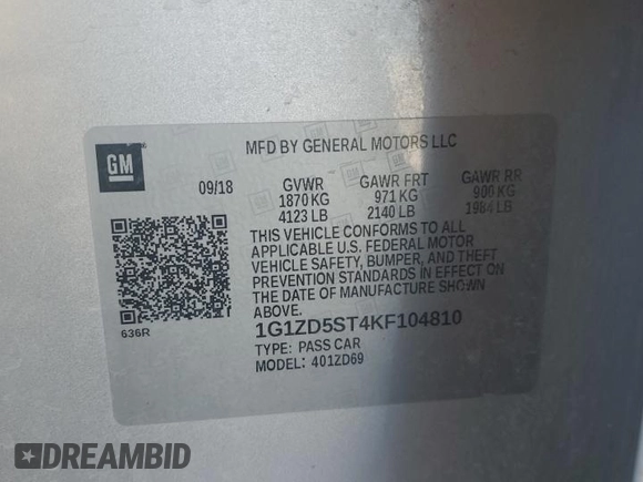 2019 Chevrolet Malibu LT with VIN 1G1ZD5ST4KF104810, listed as a Copart auction lot 45948695 with 107,846 mi miles and Salvage Title. Bid and sale history available at DreamBid. Image 14.