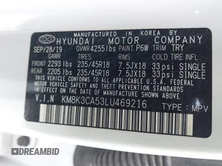 2020 Hyundai Kona Limited with VIN KM8K3CA53LU469216, listed as a IAAI auction lot 41690284 with 69,000 mi miles and . Bid and sale history available at carsss.com. Image 9.