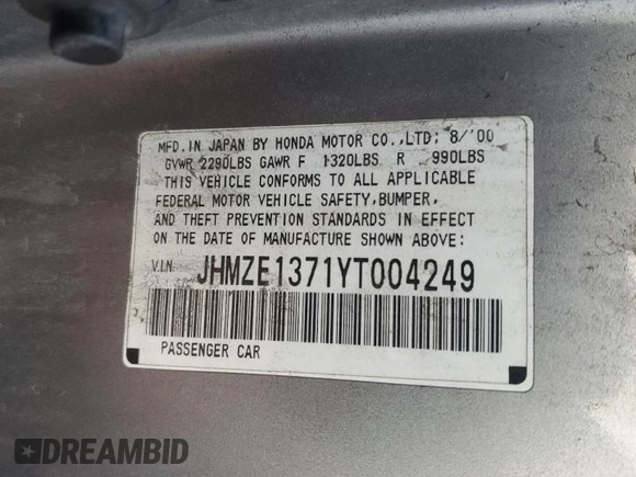 2000 Honda Insight z VIN JHMZE1371YT004249, wystawiony jako Copart lot #85041024 z przebiegiem 168 946 mil mil oraz Szkoda całkowita • Salvage title. Historia ofert i sprzedaży dostępna na DreamBid. Obrazek 14.