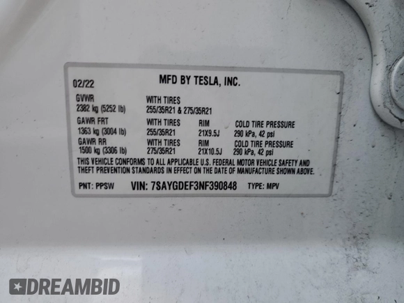 2022 Tesla Model Y Performance with VIN 7SAYGDEF3NF390848, listed as a Copart auction lot 49441025 with 42,488 mi miles and Salvage Title. Bid and sale history available at DreamBid. Image 14.