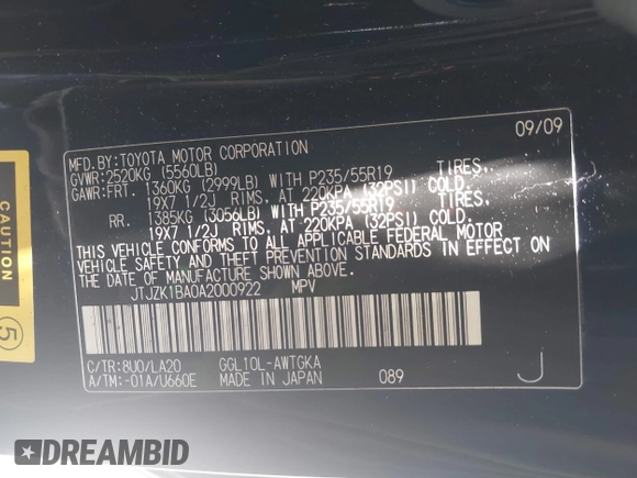 2010 Lexus RX 350 with VIN JTJZK1BA0A2000922, listed as a IAAI auction lot 42666790 with 189,444 mi miles and . Bid and sale history available at DreamBid. Image 9.