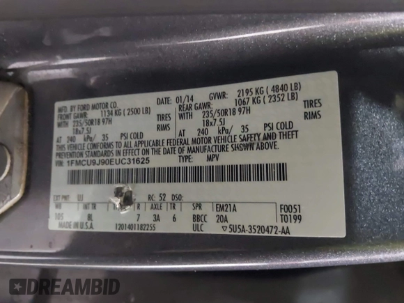 2014 Ford Escape Titanium with VIN 1FMCU9J90EUC31625, listed as a IAAI auction lot 41492075 with 301,917 mi miles and . Bid and sale history available at DreamBid. Image 9.