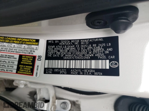 2022 Lexus ES 300h z VIN 58ADA1C15NU023464, wystawiony jako Copart lot #49334875 z przebiegiem 68 480 mil mil oraz Szkoda całkowita • Salvage title. Historia ofert i sprzedaży dostępna na DreamBid. Obrazek 13.