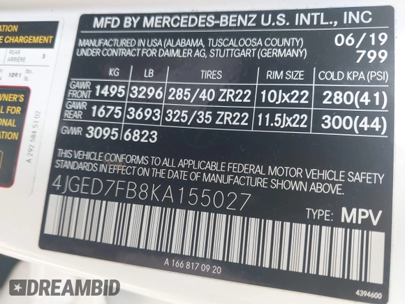 2019 Mercedes-Benz GLE 63 S AMG with VIN 4JGED7FB8KA155027, listed as a IAAI auction lot 42699295 with 31,457 mi miles and . Bid and sale history available at DreamBid. Image 9.