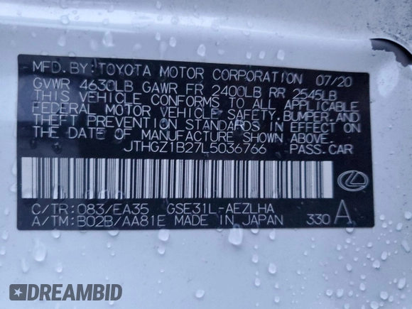 2020 Lexus IS with VIN JTHGZ1B27L5036766, listed as a Copart auction lot 81397744 with 48,857 mi miles and Salvage Title. Bid and sale history available at carsss.com. Image 12.