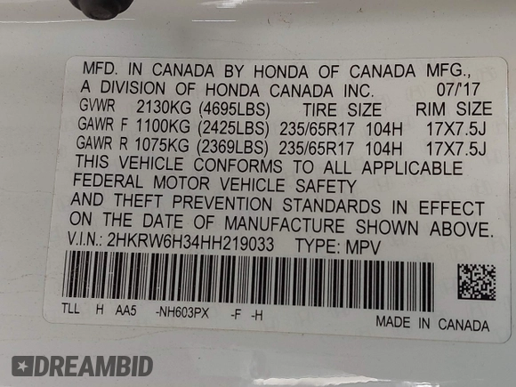 2017 Honda CR-V LX with VIN 2HKRW6H34HH219033, listed as a IAAI auction lot 41948876 with 105,813 mi miles. Bid and sale history available at carsss.com. Image 9.