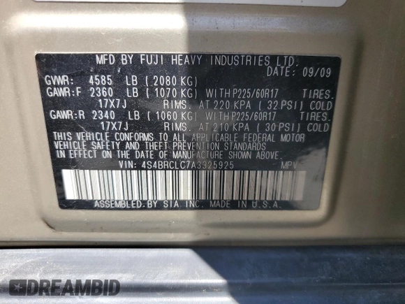 2010 Subaru Outback Limited Power Moon with VIN 4S4BRCLC7A3325925, listed as a Copart auction lot 57640225 with 167,146 mi miles and Salvage title. Bid and sale history available at DreamBid. Image 13.