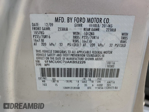 2010 Ford Escape XLS with VIN 1FMCU0C70AKB52226, listed as a Copart auction lot 58241455 with 237,785 mi miles and Salvage title. Bid and sale history available at DreamBid. Image 12.