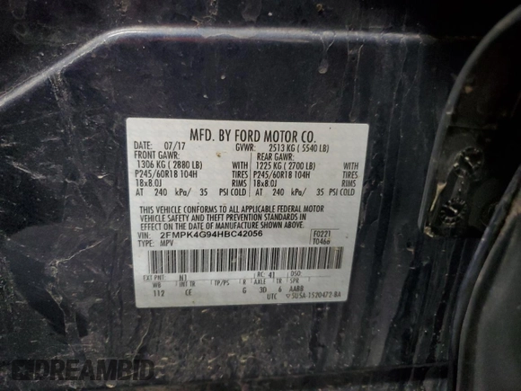 2017 Ford Edge SE with VIN 2FMPK4G94HBC42056, listed as a Copart auction lot 50370635 with 168,754 mi miles and Salvage Title. Bid and sale history available at carsss.com. Image 13.