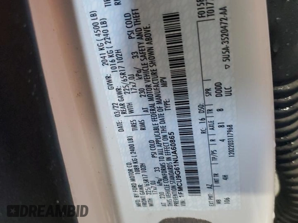 2022 Ford Escape SE with VIN 1FMCU9G61NUA60865, listed as a Copart auction lot 53149995 with Not provided miles and Salvage title. Bid and sale history available at DreamBid. Image 13.