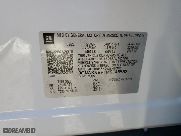 2021 Chevrolet Equinox Premier with VIN 3GNAXNEV4MS145582, listed as a Copart auction lot 44689405 with 30,638 mi miles and Salvage Title. Bid and sale history available at carsss.com. Image 15.