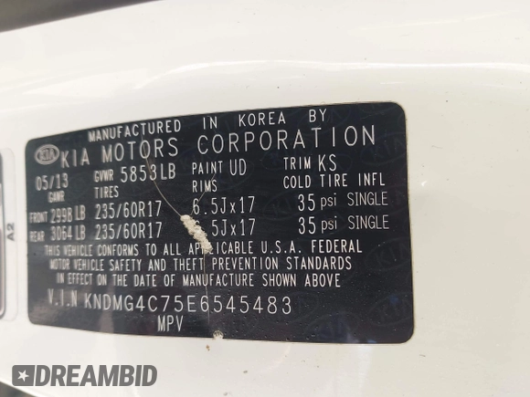 2014 Kia Sedona LX with VIN KNDMG4C75E6545483, listed as a IAAI auction lot 42166152 with 121,827 mi miles and . Bid and sale history available at carsss.com. Image 9.