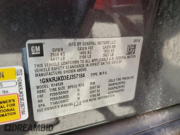 2014 Chevrolet Traverse LTZ with VIN 1GNKRJKD3EJ357184, listed as a Copart auction lot 48867145 with 155,816 mi miles and Salvage Title. Bid and sale history available at DreamBid. Image 13.