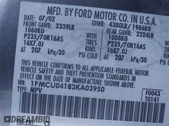 2003 Ford Escape Limited с VIN 1FMCU04183KA03950, выставлен на аукционе IAAI как лот 42143032 с пробегом 198 189 миль миль и . История ставок и продаж доступна на DreamBid. Изображение 9.