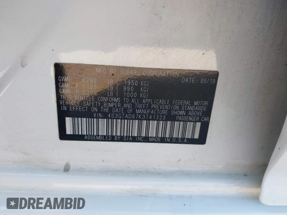 2019 Subaru Impreza Premium z VIN 4S3GTAD67K3741323, wystawiony jako IAAI lot #41979934 z przebiegiem 64 311 mil mil oraz . Historia ofert i sprzedaży dostępna na DreamBid. Obrazek 9.