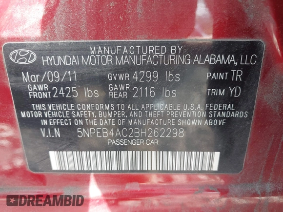 2011 Hyundai Sonata GLS with VIN 5NPEB4AC2BH262298, listed as a IAAI auction lot 42216291 with 192,333 mi miles and . Bid and sale history available at carsss.com. Image 9.