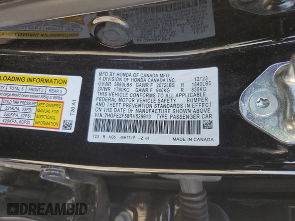 2024 Honda Civic Sport z VIN 2HGFE2F58RH529913, wystawiony jako Copart lot #52530315 z przebiegiem Nie podano mil oraz Szkoda całkowita • Salvage title. Historia ofert i sprzedaży dostępna na DreamBid. Obrazek 14.