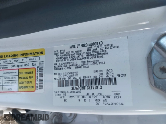 2016 Ford Fusion Titanium Hybrid with VIN 3FA6P0RU1GR191813, listed as a IAAI auction lot 41560954 with 86,922 mi miles. Bid and sale history available at carsss.com. Image 9.