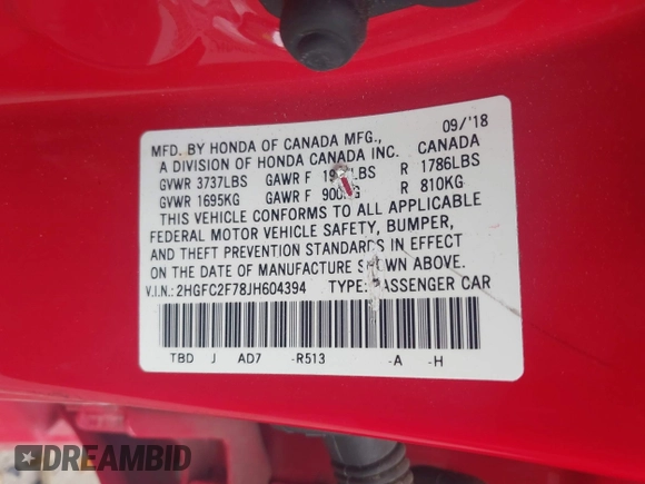 2018 Honda Civic EX с VIN 2HGFC2F78JH604394, выставлен на аукционе IAAI как лот 42106854 с пробегом 69 000 миль миль и . История ставок и продаж доступна на DreamBid. Изображение 9.