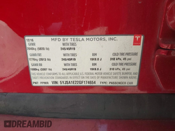 2016 Tesla Model S 90D with VIN 5YJSA1E22GF174654, listed as a IAAI auction lot 41700676 with 193,813 mi miles and . Bid and sale history available at DreamBid. Image 9.
