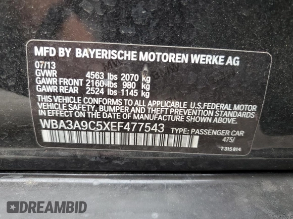 2014 BMW 3 Series 335i with VIN WBA3A9C5XEF477543, listed as a Copart auction lot 54410795 with 67,237 mi miles and Salvage Title. Bid and sale history available at carsss.com. Image 13.