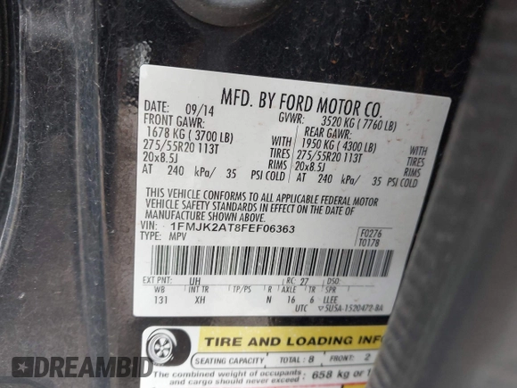 2015 Ford Expedition Max Limited с VIN 1FMJK2AT8FEF06363, выставлен на аукционе IAAI как лот 42323380 с пробегом 162 280 миль миль и . История ставок и продаж доступна на DreamBid. Изображение 9.
