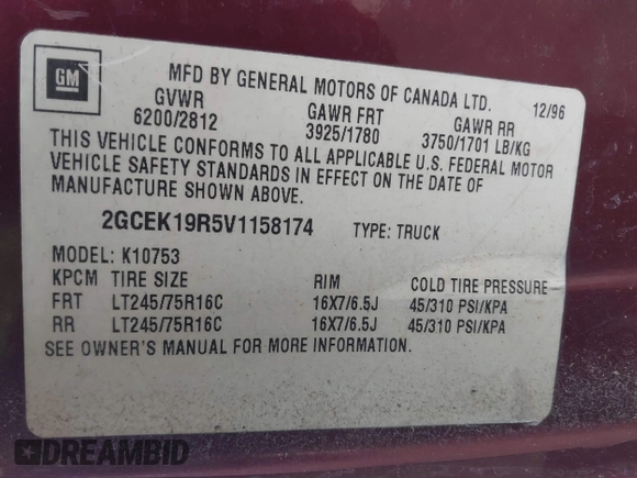 1997 Chevrolet Silverado 1500 with VIN 2GCEK19R5V1158174, listed as a IAAI auction lot 41461174 with 213,141 mi miles and . Bid and sale history available at DreamBid. Image 9.