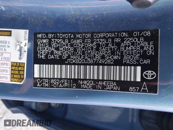 2008 Toyota Prius with VIN JTDKB20U387749282, listed as a IAAI auction lot 41906598 with 124,645 mi miles and . Bid and sale history available at DreamBid. Image 9.
