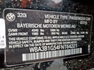 2015 BMW 3 Series 320i with VIN WBA3B1G54FNT64221, listed as a Copart auction lot 51874165 with 163,701 mi miles and Clean Title. Bid and sale history available at carsss.com. Image 12.