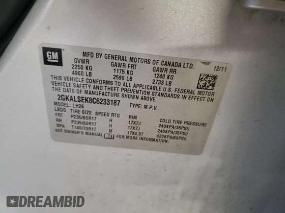 2012 GMC Terrain SLE-2 с VIN 2GKALSEK8C6233187, выставлен на аукционе Copart как лот 57779335 с пробегом 113 468 миль миль и Списание • Salvage title. История ставок и продаж доступна на DreamBid. Изображение 13.