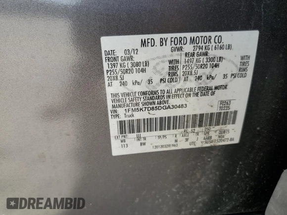 2013 Ford Explorer XLT with VIN 1FM5K7D85DGA30483, listed as a Copart auction lot 47809875 with 120,571 mi miles and Salvage Title. Bid and sale history available at DreamBid. Image 14.