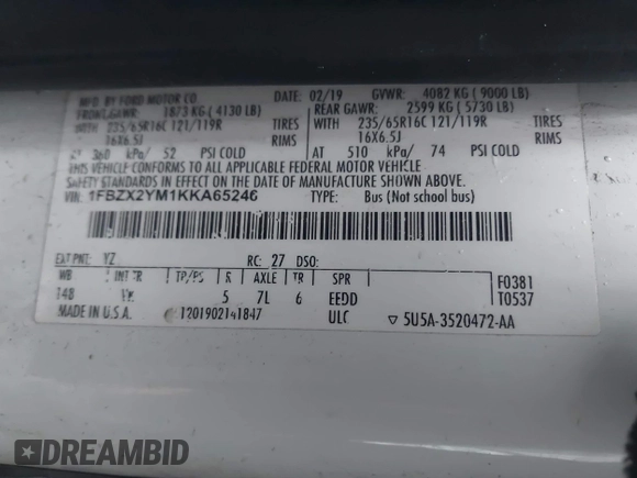 2019 Ford Transit Passenger XL с VIN 1FBZX2YM1KKA65246, выставлен на аукционе IAAI как лот 42275413 с пробегом 414 339 миль миль и . История ставок и продаж доступна на DreamBid. Изображение 9.
