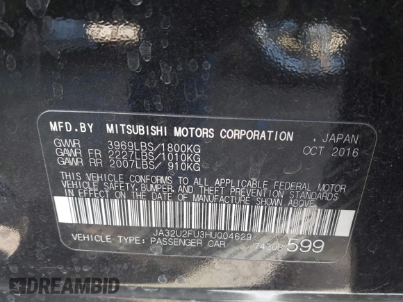 2017 Mitsubishi Lancer ES with VIN JA32U2FU3HU004629, listed as a IAAI auction lot 41293995 with 81,208 mi miles. Bid and sale history available at carsss.com. Image 9.