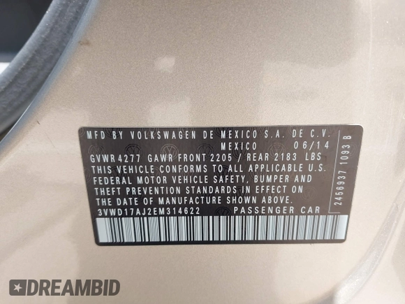2014 Volkswagen Jetta SE with VIN 3VWD17AJ2EM314622, listed as a IAAI auction lot 42358394 with 105,654 mi miles and . Bid and sale history available at DreamBid. Image 9.