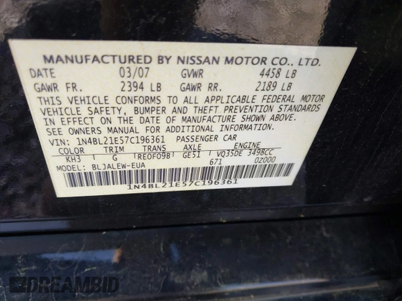 2007 Nissan Altima SL with VIN 1N4BL21E57C196361, listed as a IAAI auction lot 41970314 with 167,762 mi miles and . Bid and sale history available at DreamBid. Image 9.