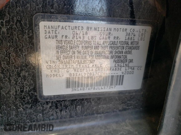 2018 Nissan Sentra SV z VIN 3N1AB7AP8JL657347, wystawiony jako Copart lot #47239325 z przebiegiem Nie podano mil oraz Szkoda całkowita • Salvage title. Historia ofert i sprzedaży dostępna na DreamBid. Obrazek 13.
