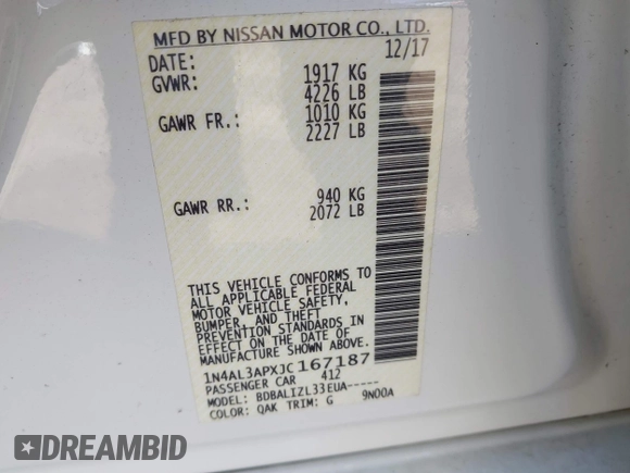 2018 Nissan Altima SV with VIN 1N4AL3APXJC167187, listed as a IAAI auction lot 41725188 with 173,377 mi miles and . Bid and sale history available at DreamBid. Image 9.