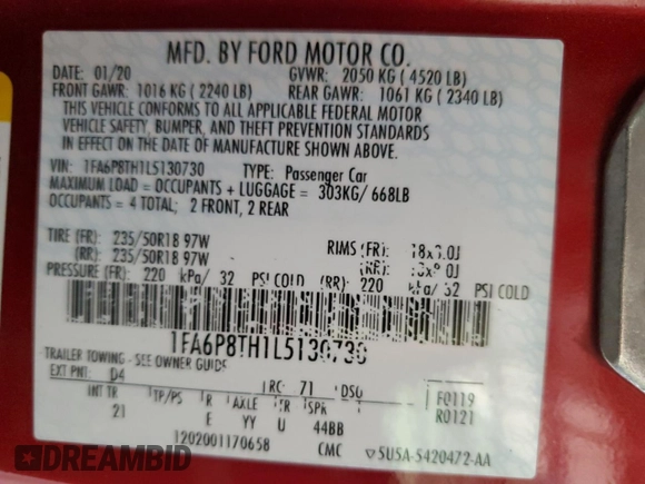 2020 Ford Mustang EcoBoost with VIN 1FA6P8TH1L5130730, listed as a Copart auction lot 58416485 with 16,457 mi miles and Salvage title. Bid and sale history available at DreamBid. Image 12.
