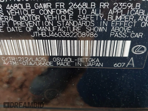 2008 Lexus ES 330 with VIN JTHBJ46G382208986, listed as a IAAI auction lot 41958388 with 255,668 mi miles and . Bid and sale history available at DreamBid. Image 9.