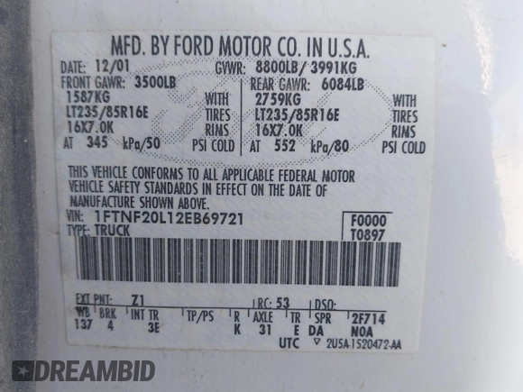 2002 Ford Super Duty F-250 XL with VIN 1FTNF20L12EB69721, listed as a IAAI auction lot 41324860 with 232,751 mi miles. Bid and sale history available at carsss.com. Image 9.