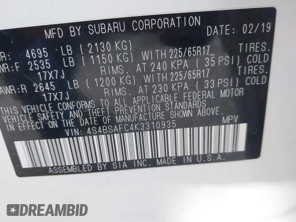 2019 Subaru Outback Premium with VIN 4S4BSAFC4K3310935, listed as a IAAI auction lot 41801932 with 108,479 mi miles. Bid and sale history available at carsss.com. Image 9.