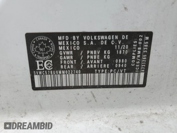 2021 Volkswagen Jetta S with VIN 3VWC57BU6MM022740, listed as a Copart auction lot 63895645 with Not provided miles and Salvage title. Bid and sale history available at DreamBid. Image 13.